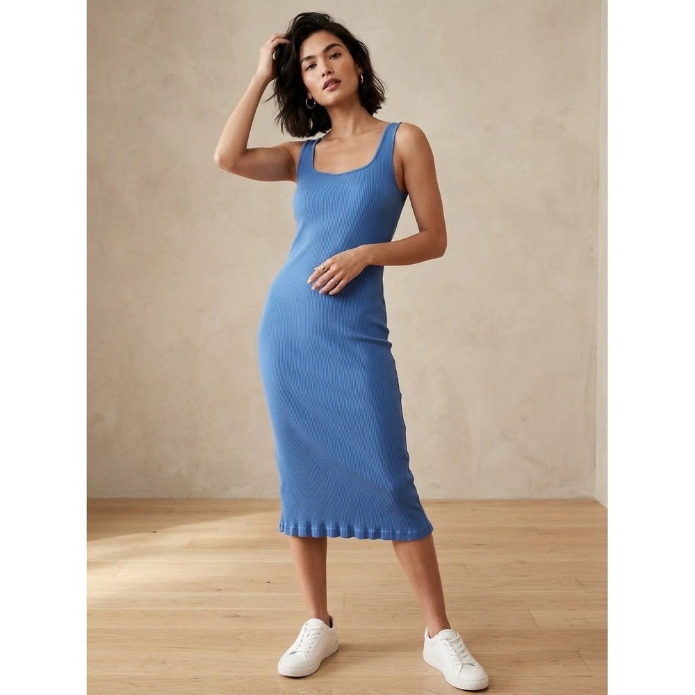 Uniqlo Blue Ribbed Tank Midi Dress Sleeveless Scoop Neck 457823 Small